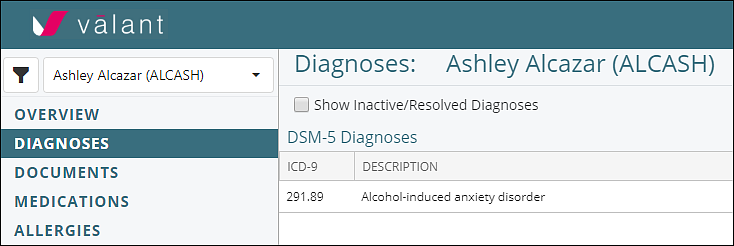 ICD codes in Diagnoses tab of Valant IO